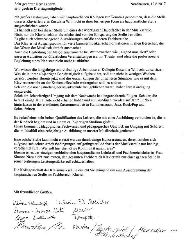 Brief der Lehrer der Kreismusikschule (Foto: privat)