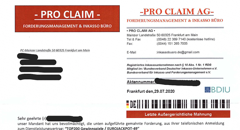 Die „Pro Claim AG“ ist genauso erfunden wie die Forderungen auf den Mahnschreiben. Wer einen solchen Brief bekommt, sollte auf keinen Fall bezahlen! (Foto: Deutscher Inkasso-Unternehmen e.V. )