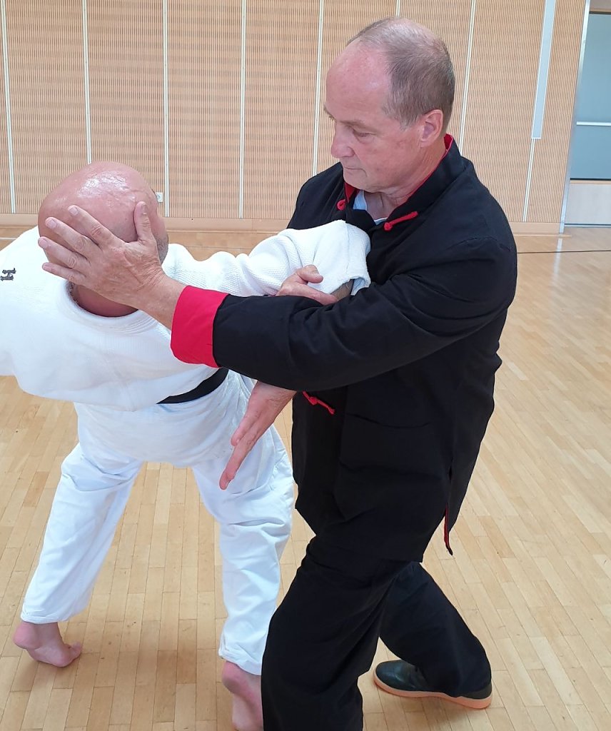 Bild: Gro&szlig;meister Joachim Retzek und Kampfsportmeister Sebastian Hauer aus Leinefelde bei einer Demonstration eines Armbeugehebels (Ude-garami).
