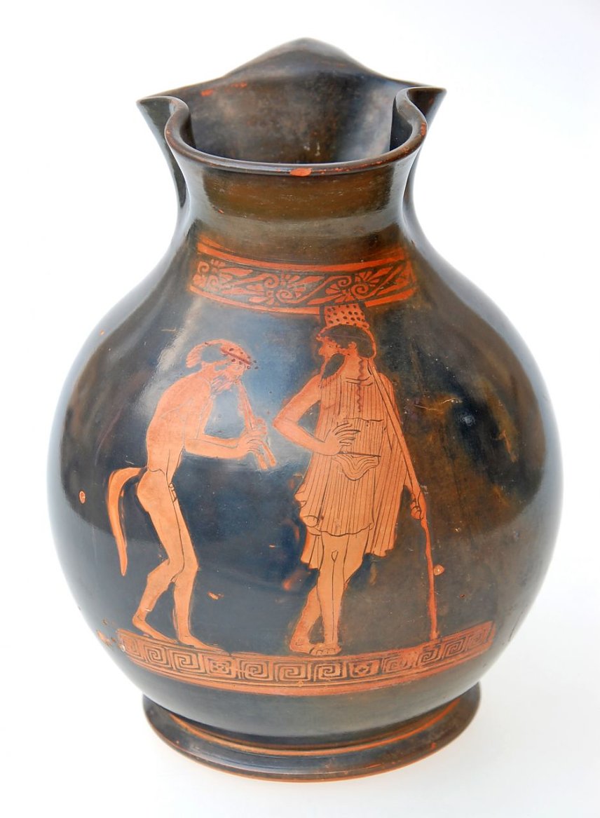 Bild: er Weingott Dionysos und ein Satyr, griechische Weinkanne, 5. Jh. v. Chr.
