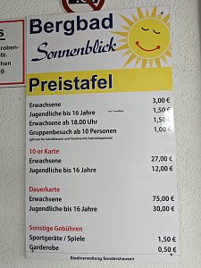 Preistafel f&uuml;r das Bergbad Sonnenblick in Sondershausen