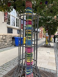 Kunstvolle Wollkreationen schm&uuml;cken die B&auml;ume der Bad Langensalzaer Altstadt