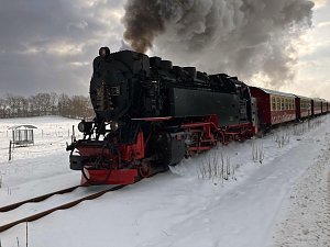 Die HSB f&auml;hrt durch eine Schneelandschaft. 