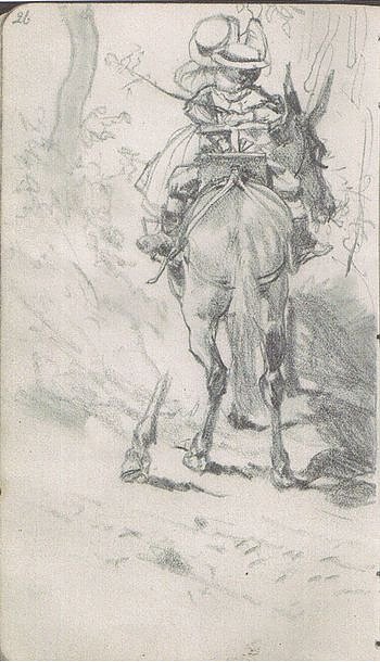Bild: Adolph Menzel: Zwei Kinder auf einem Maultier reitend, Zeichnung, Skizzenbuch von 1868, Staatliche Museen zu Berlin, Kupferstichkabinett, bpk  