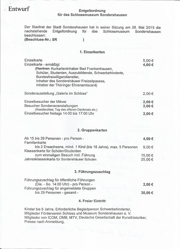 Geb&uuml;hren Schlossmuseum (Foto: Stadt Sondershausen)