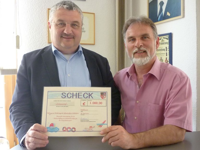 (v.l.) Erhard Petrinka und Landrat Harald Zanker bei der Scheck&uuml;bergabe.  (Foto: Foto: Landratsamt)