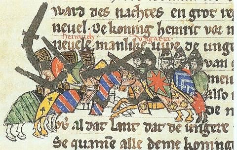 Heinrich I. Gegen die Ungarn. S&auml;chsische Weltchronik, um 1270 in Gotha, Forschungsbibliothek, Ms. Memb. I90, fol.85v (Foto: Tim Sch&auml;fer)