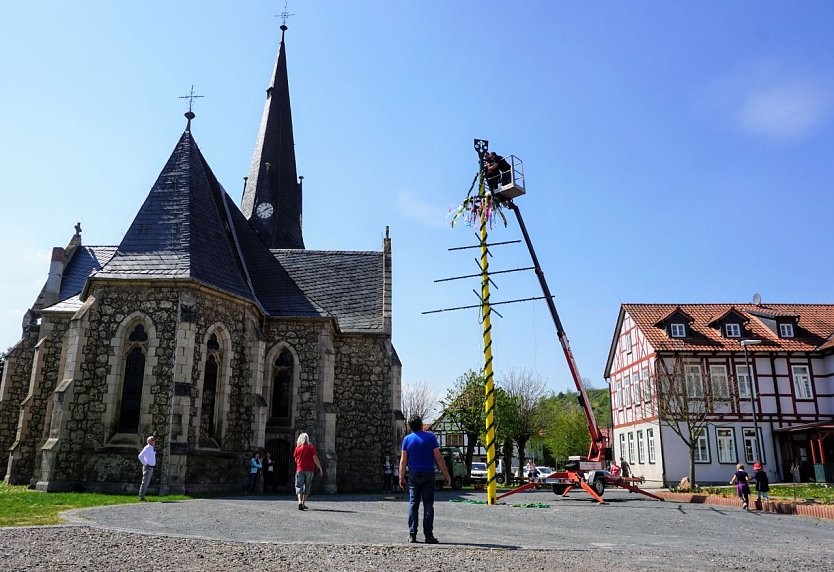Der Maibaum auf dem Kirchhof in Niedersachswerfen. (Foto: Susanne Schedwill)