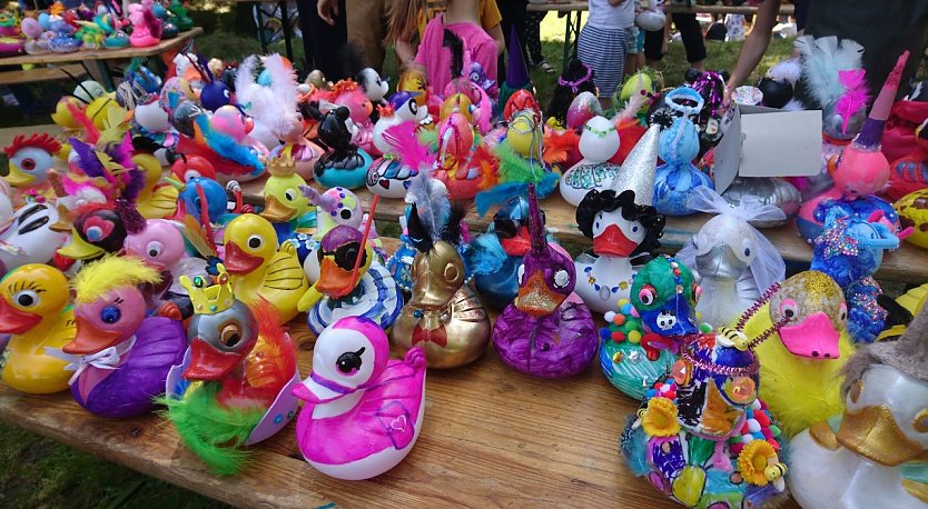 So bunt wie hier beim letzten Entenrennen 22019 wollen auch die reinwei&szlig;en V&ouml;gel aussehen, die es ab morgen zu kaufen gibt  (Foto: G.Haase)