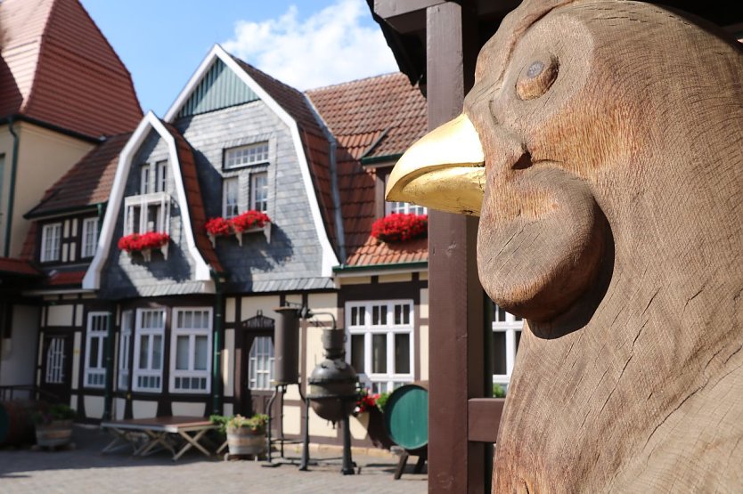 Kornhuhn Henriette im historischen Innenhof der Nordh&auml;user Traditionsbrennerei (Foto: C. Keil)