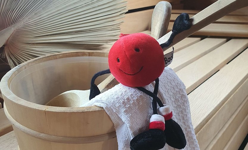 Maskottchen Baddel testet schon eimal die Temperaturen in der Sauna (Foto: Badehaus Nordhausen)
