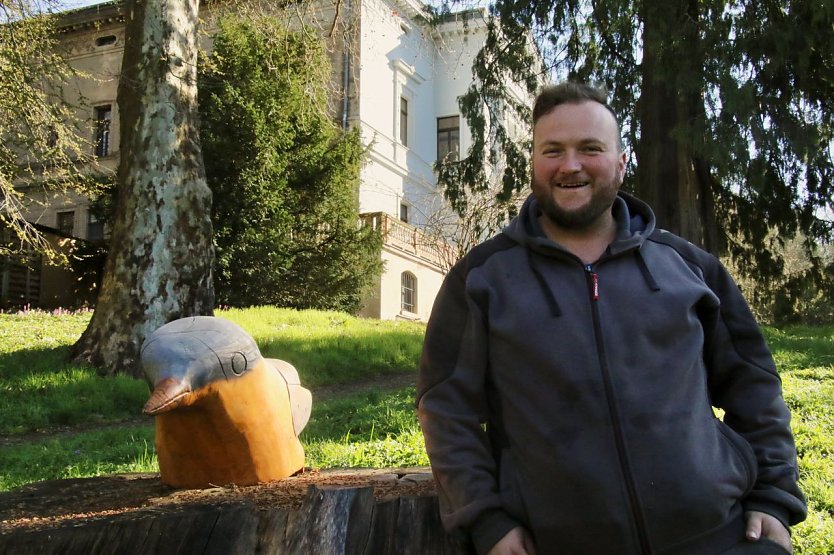 Zwei Neuzug&auml;nge f&uuml;r den Park: den schmucken, kleinen Kleiber auf der Stumpf der alten Rosskastanie hat der neue Anleiter f&uuml;r die Parkpflege, Andr&eacute; Schmilowsky, selbst aus dem Holz einer in Hohenrode gef&auml;llten Esche und etwas Eiche f&uuml;r die kleinen Spazierg&auml;nger im Park zurecht gezimmert (Foto: F&ouml;rderverein Park Hohenrode)