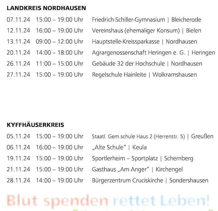 Blutspendetermine im Landkreis Nordhausen und im Kyffh&auml;userkreis (Foto: S&uuml;dharz Klinikum)