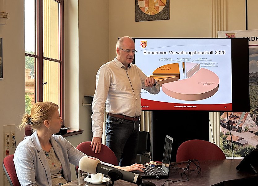 Landrat Matthias Jendricke erl&auml;utert Haushaltszahlen. Im Vordergrund seine Pressesprecherin Jessica Piper (Foto: oas)