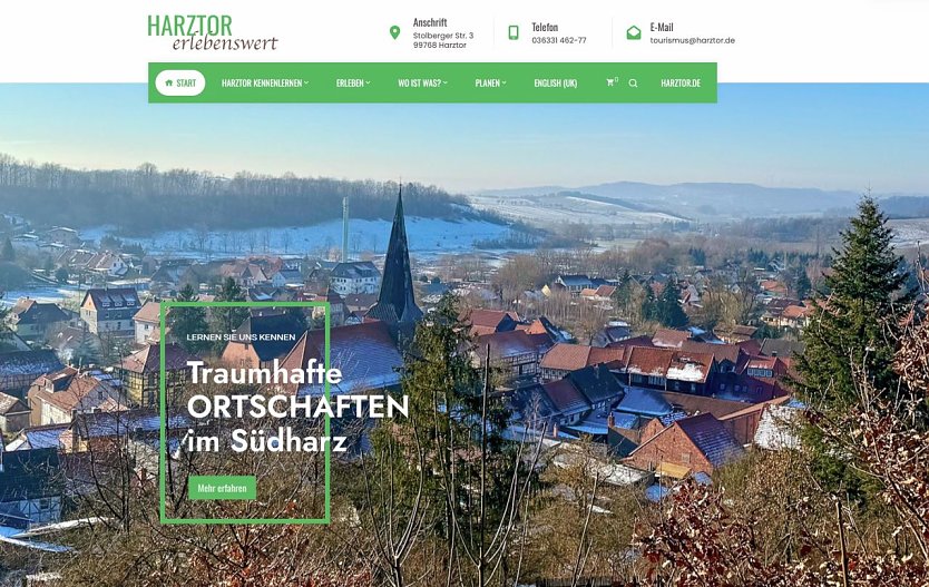Bild: Das Bild zeigt die Startseite der der neuen Tourismus-Seite der Gemeinde Harztor. 