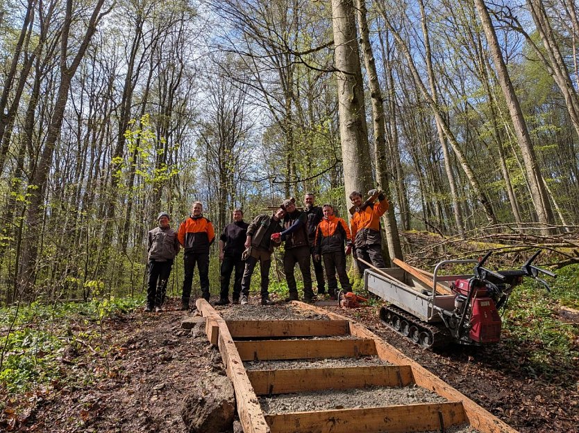 Gemeinsam im Einsatz: Ranger aus dem Nationalpark Kellerwald-Edersee und dem Nationalpark Hainich bei der Reparatur der Treppe am Betteleichenweg. (Foto: Jenny Kruspe)