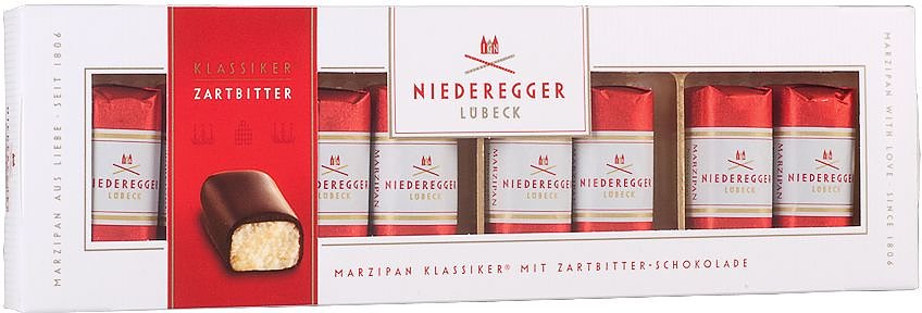 Bild: Niederegger Marzipan Klassiker mit Zartbitter-Schokolade Eckig, mit Schokoladen&uuml;berzug. Note GUT (1,6).