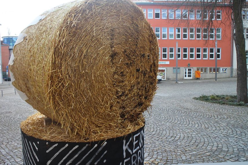 Bild: Der Schaden am "Naturw&auml;chter" vor dem Nordh&auml;user Rathaus hielt sich in Grenzen