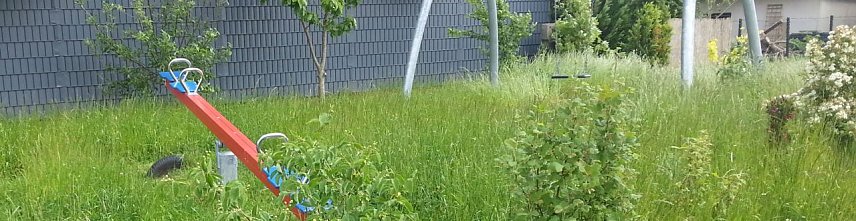 Bild: Spielplatz am Schwalbenweg: wild wucherndes Wiesengr&uuml;n statt spielender Kinder
