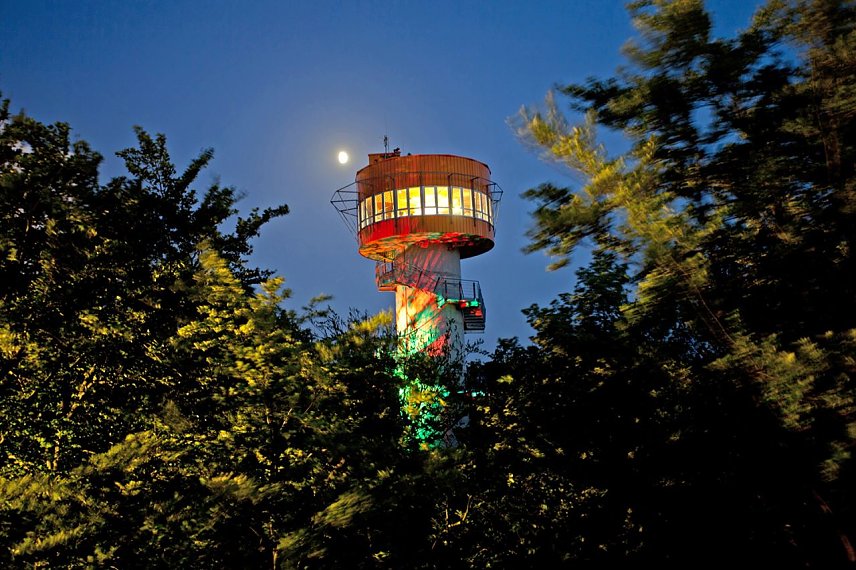 Bild: Der Aussichtsturm des Baumkronenpfades bei Nacht.