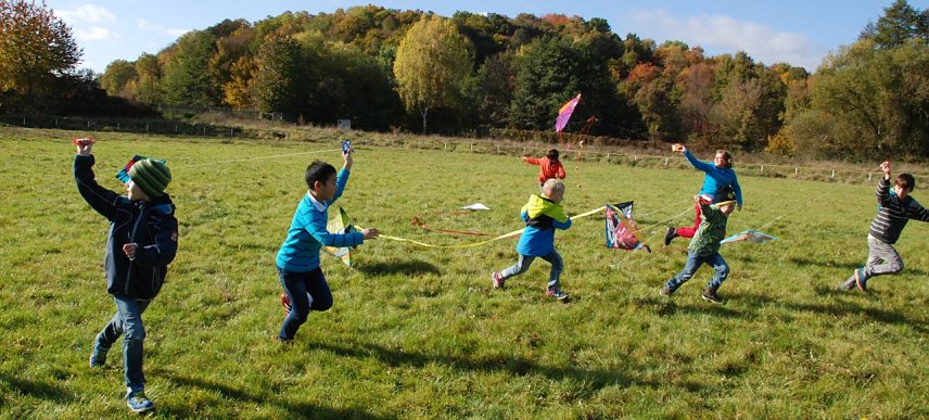 Bild: Bei traumhaftem Herbstwetter trafen sich die Hettstedter Kinder heute zu ihrem 2. Drachenfest. Es war zugleich eine Art Lauffest, denn wer nicht rennend seinen Drachen hinter sich herzog, bekam ihn erst gar nicht in die Luft.