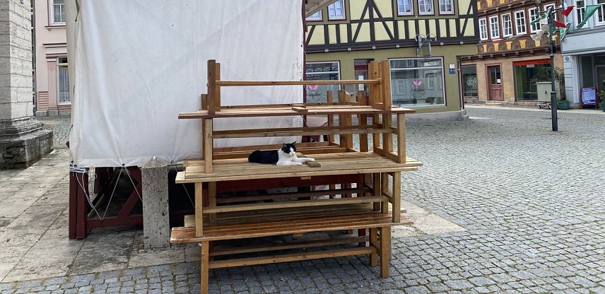 Bild: Die ersten Besucher sichern sich schon gute Pl&auml;tze an den B&uuml;hnen 