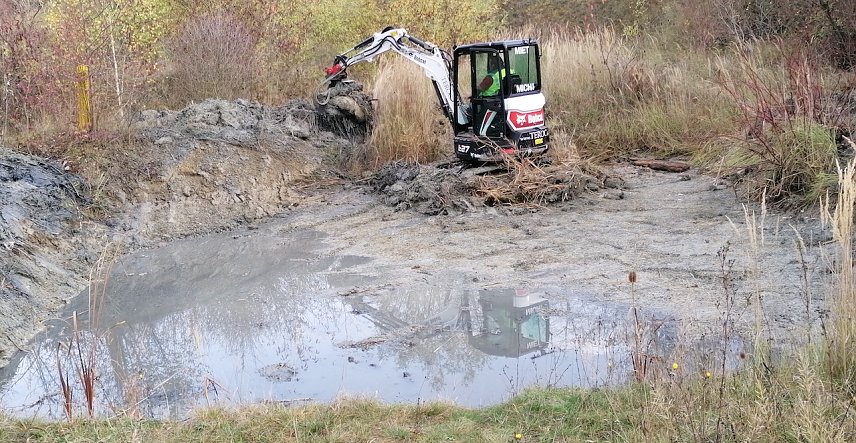 Bild: Mit Hilfe eines  Minibaggers wurden unter fachlicher Anleitung mehrere Kleinstfeuchtbiotope renaturiert
