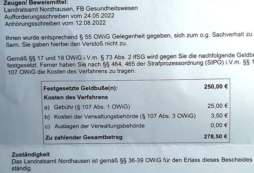 Bild: Auszug aus dem Bu&szlig;geldbescheid des Landratsamtes: 278 Euro sollen die Betroffenen 141 Personen zahlen