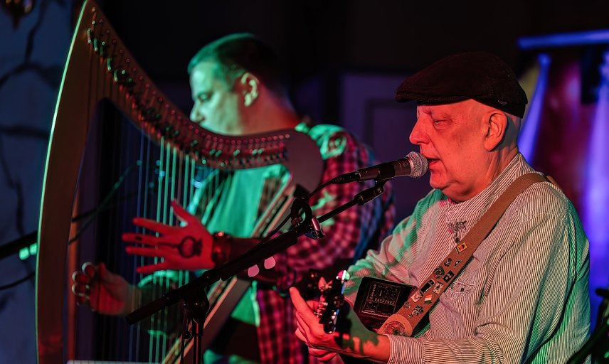 Bild: Neben Hartmut Arndt an der Gitarre war auch der "Vielsaitige" Andr&eacute; Strugala an der Harfe zu bestaunen. 