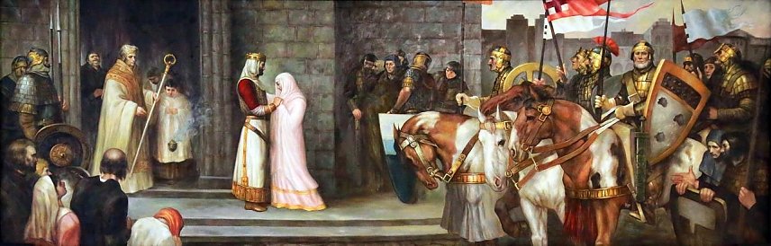 Bild: Sieht h&uuml;bsch aus, ist historisch aber reine Fiktion - das Gem&auml;lde im Rathaus zeigt Mathilde wie sie ihren Sohn Otto in Nordhausen verabschiedet. Das Original wurde 1912/13 gemalt und im Krieg zerst&ouml;rt, zu sehen ist heute eine Kopie, deren Existenz man unter anderem Wolfgang M&uuml;ller verdankt