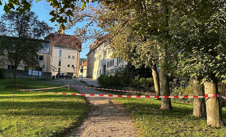 Bild: Absperrungen im Schlosspark Sondershausen wegen br&uuml;chigen B&auml;umen