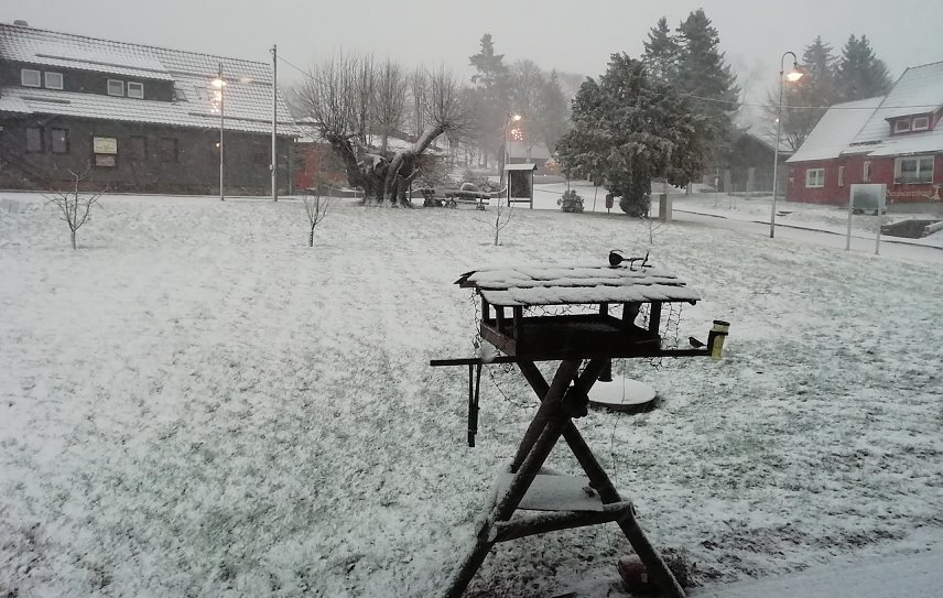 Bild: Sophienhof im Harz hofft auf wei&szlig;e Weihnachten. Heute waren es am Morgen 0 Grad bei Wind und Schneefall. 