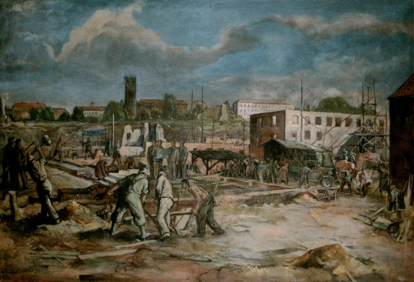 Bild: Otto Kn&ouml;pfer: Nordhausen baut auf, &Ouml;lgem&auml;lde im Stadthaus, 100 cm x 120 cm, 1953