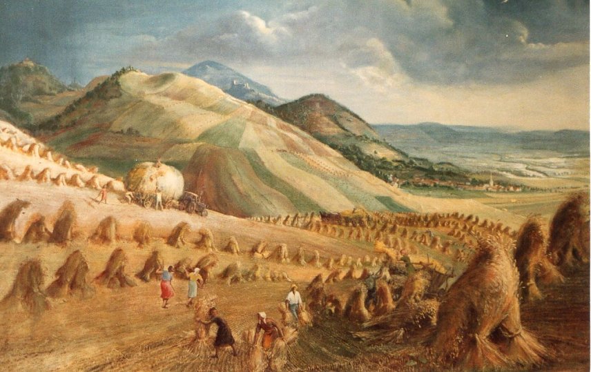 Bild: Otto Kn&ouml;pfer: &Ouml;lfarbe auf Leinwand, 107 cm x 163 cm, Gro&szlig;e Erntelandschaft mit den Drei Gleichen, 1952