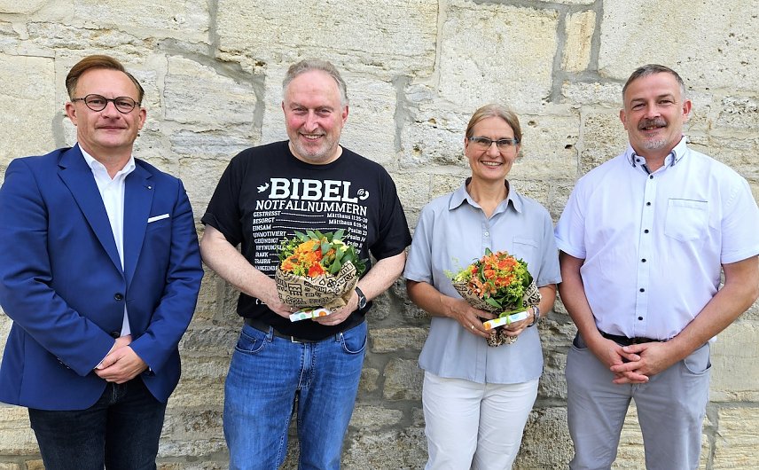 Bild: Der M&uuml;hlh&auml;user Pr&auml;ses Jens Ritter, Pfarrer Rainer Kunz aus Sonneberg, Pr&auml;ses Maria Schmalz aus dem Henneberger Land, Pr&auml;ses Andre Barthel aus Bad Frankenhausen-Sondershausen im Kloster Volkenroda.