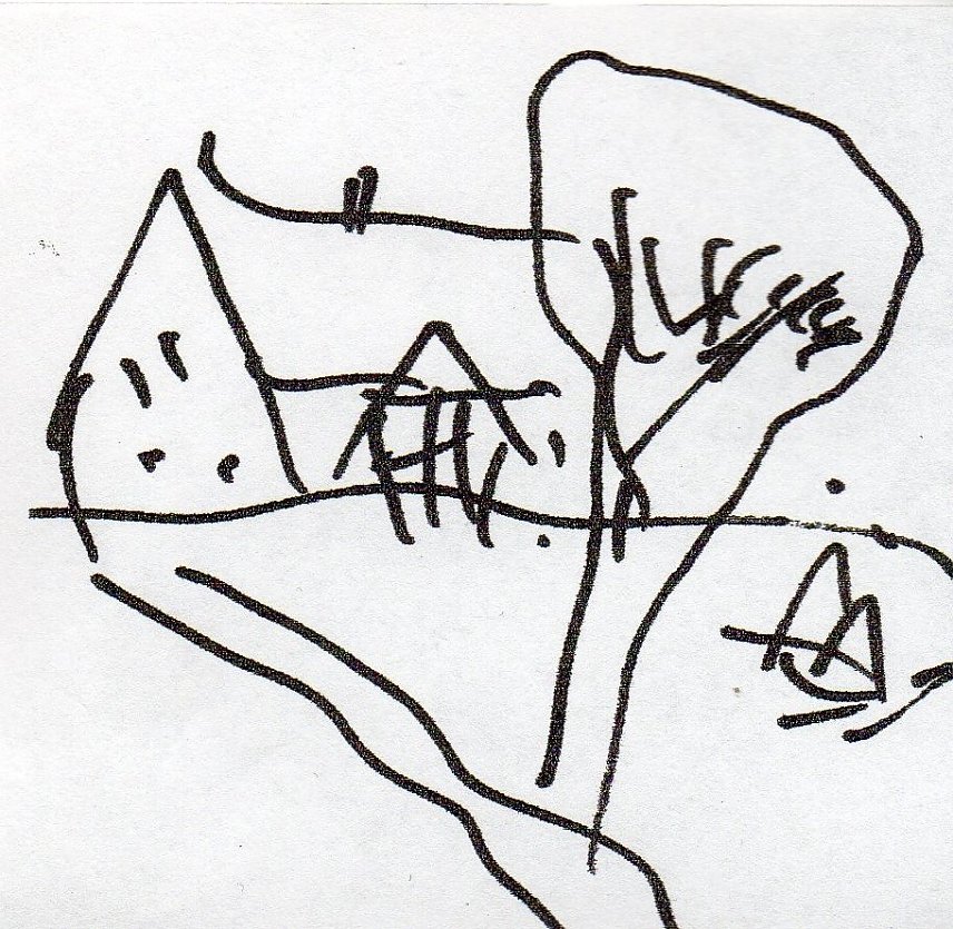 Bild: Zeichnung des Gerd Mackensen 2008 vom Sarah-Kirsch-Haus mit besonderem Eingang, der Linde und dem Brunnenhaus, Repro Kneffel