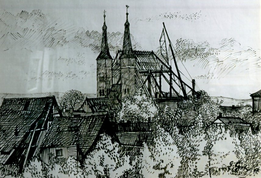 Bild: G&uuml;nter Groh, Zeichnung des Domes mit abgebranntem Steildach vor 1964 inmitten der Altstadt
