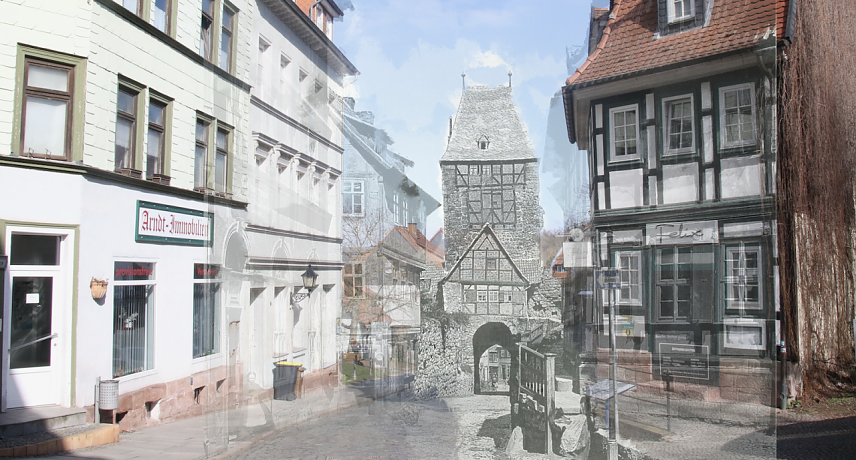 Bild: Das alte Barf&uuml;&szlig;er Tor im Nordhausen von heute, Fotomontage