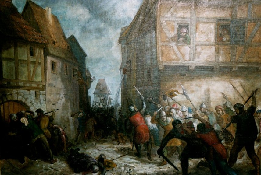 Bild: Die siegreiche Abwehr eines Einfalles der Hohnsteiner Grafen am Barf&uuml;&szlig;er Tor durch die B&uuml;rger am 14. 4. 1329, &Ouml;lgem&auml;lde im Alten Rathaus
