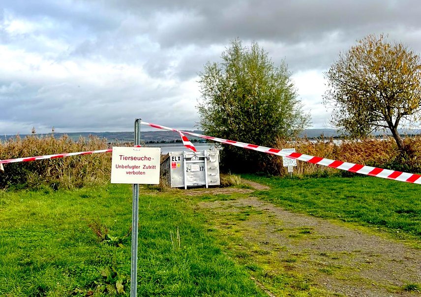 Bild: Absperrung im Bereich des Kelbraer Stausees zum Schutz vor der Wildvogel- und Gefl&uuml;gelpest. Foto: Hintergrund Container f&uuml;r die Sicherung verendeter V&ouml;gel