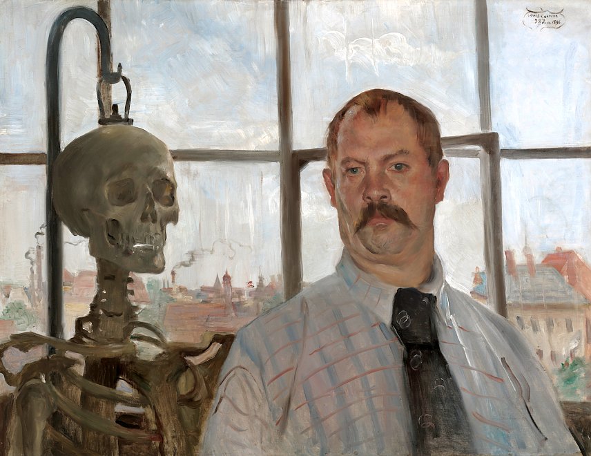 Bild: Lovis Corinth, Selbstbildnis mit Skelett, 1896, Leinwand, 68,5 cm x 88,6 cm x 2,1 cm, 
