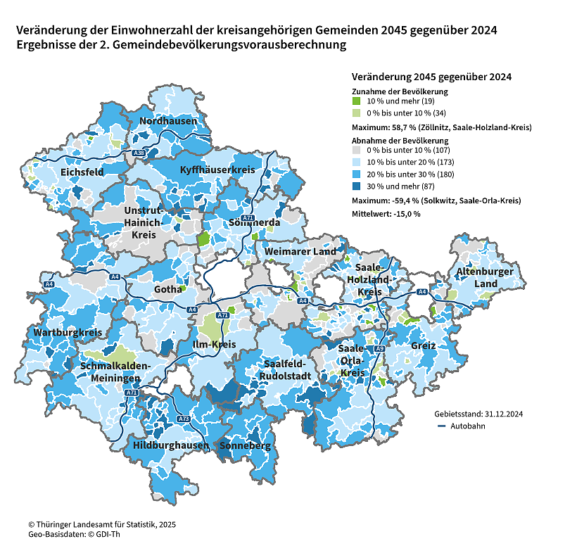 Bild: Ergebnisse der 2. Gemeindebev&ouml;lkerungs&shy;vorausberechnung f&uuml;r Th&uuml;ringen