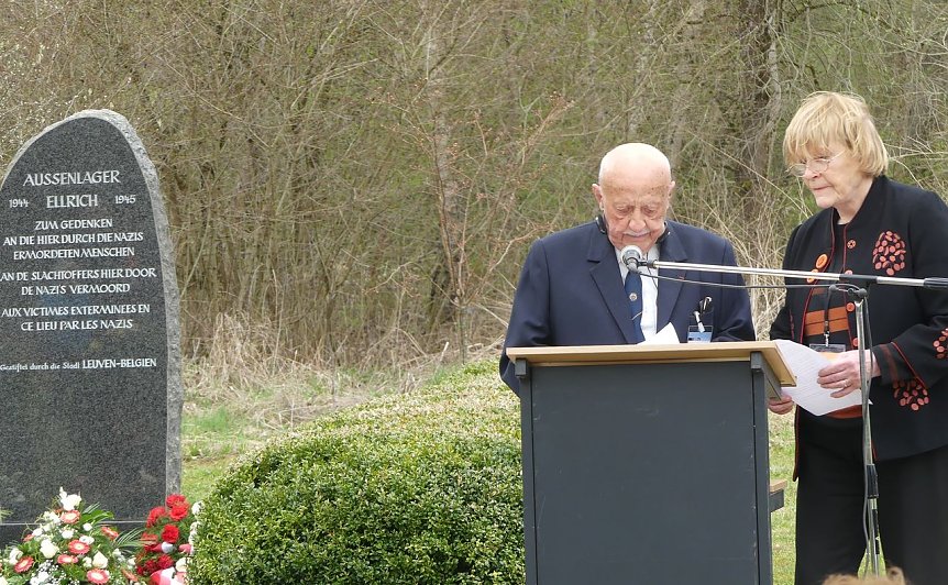 Bild: Der Buchenwald und Mittelbau-Dora &Uuml;berlebende Roland Boisson w&auml;hrend der Gedenkveranstaltung am ehemaligen Au&szlig;enlager Ellrich-Juliush&uuml;tte im Rahmen des 72. Jahrestags der Befreiung des Konzentrationslagers Mittelbau-Dora 