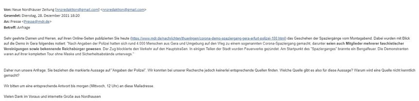 Bild: Screenshot nnz-Anfrage an den mdr.