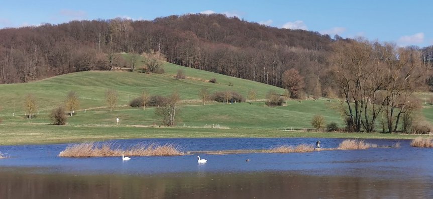 Bild: Blick &uuml;ber den Opfersee auf die H&uuml;gellandschaft um Steinsee und Hahnenhaus und Kirche in Liebenrode.