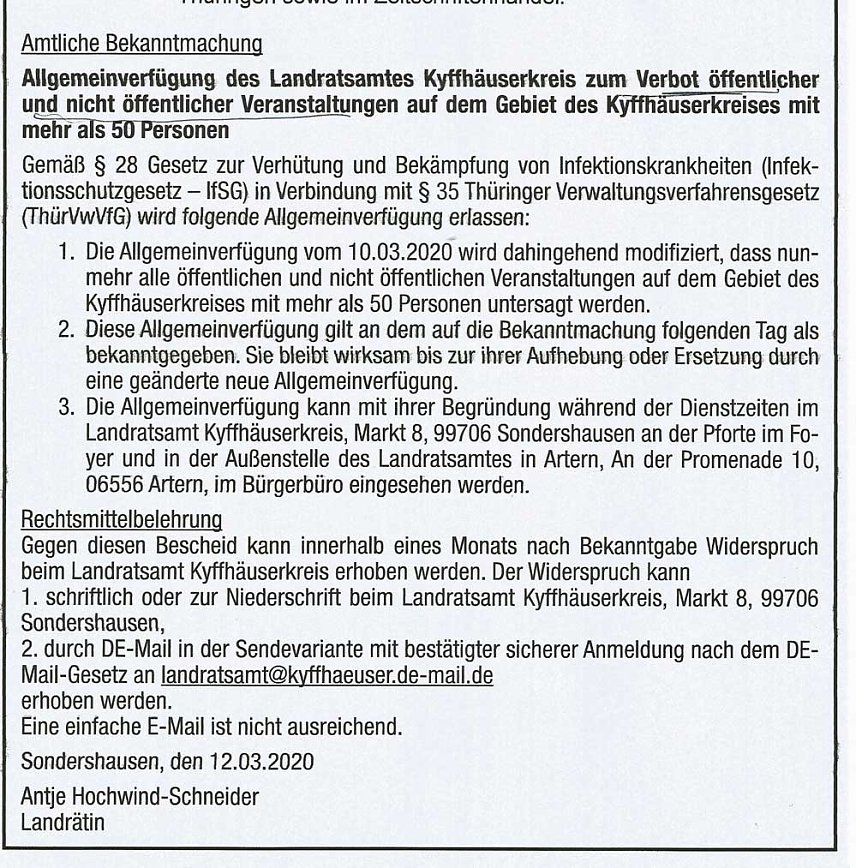 Bild: Keine Veranstaltung gr&ouml;&szlig;er 50 Personen im Kyffh&auml;userkreis