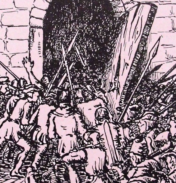 Bild: Sturm auf das Riesenhaus 1375 - Zeichnung von Fritz Teichm&uuml;ller