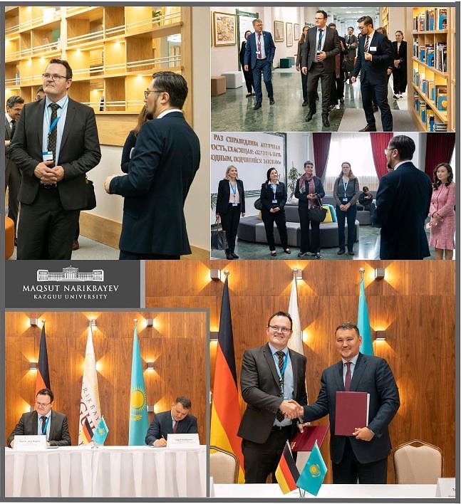 Bild: Hochschulpr&auml;sident Prof. Dr. J&ouml;rg Wagner mit dem Vorsitzenden des Universit&auml;tsrats der KAZGUU Talgat Narikbayev bei der Unterzeichnung des Memorandums | die Wissenschaftsdelegation in Begleitung der AHK Zentralasien und der KAZGUU University