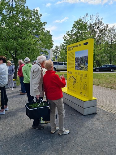 Ein älteres Paar liest an einer der IBA-Ausstellungstafeln in Nordhausen-Nord. (Foto: SWG Nordhausen/Susanne Schedwill)