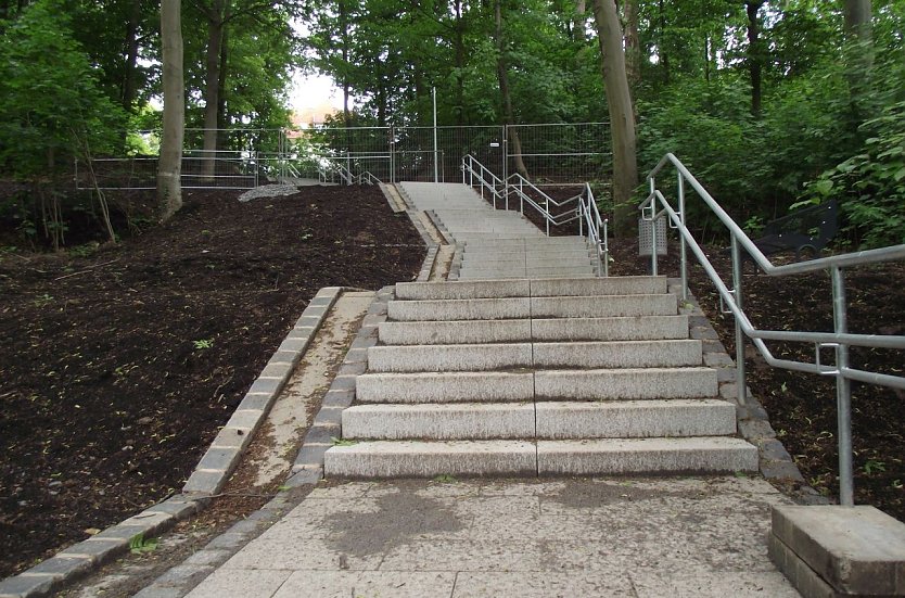 Vorbildlich. Die neue Gehegetreppe macht Fortschritte. Das Werk soll beendet sein, bevor der Herbst einzieht. (Foto: Kurt Frank)